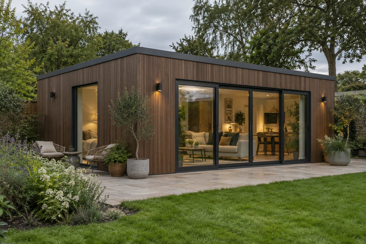Cedar-clad garden home surrounded by planting